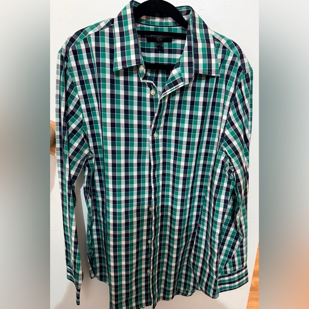 Banana Republic Green and Blue Plaid Slim Fit Shirt